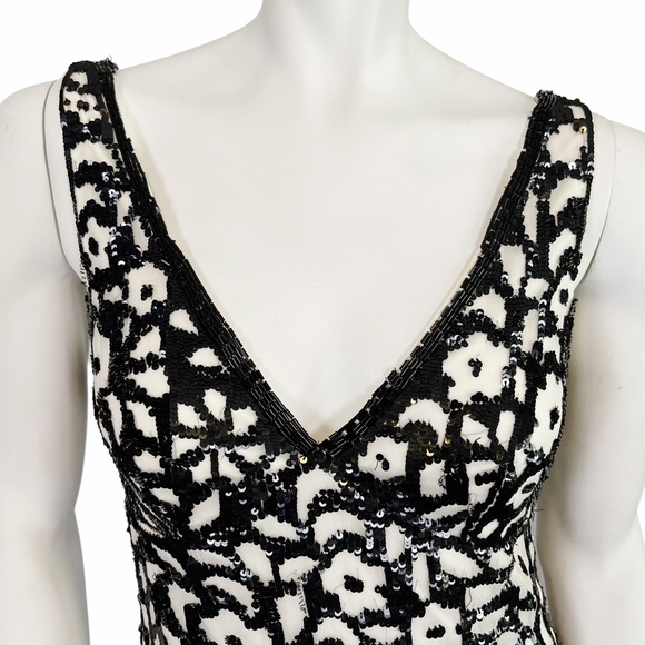 AIDAN MATTOX Black White Silk Floral Sequin Cocktail Tank Mini Dress - Picture 2 of 6